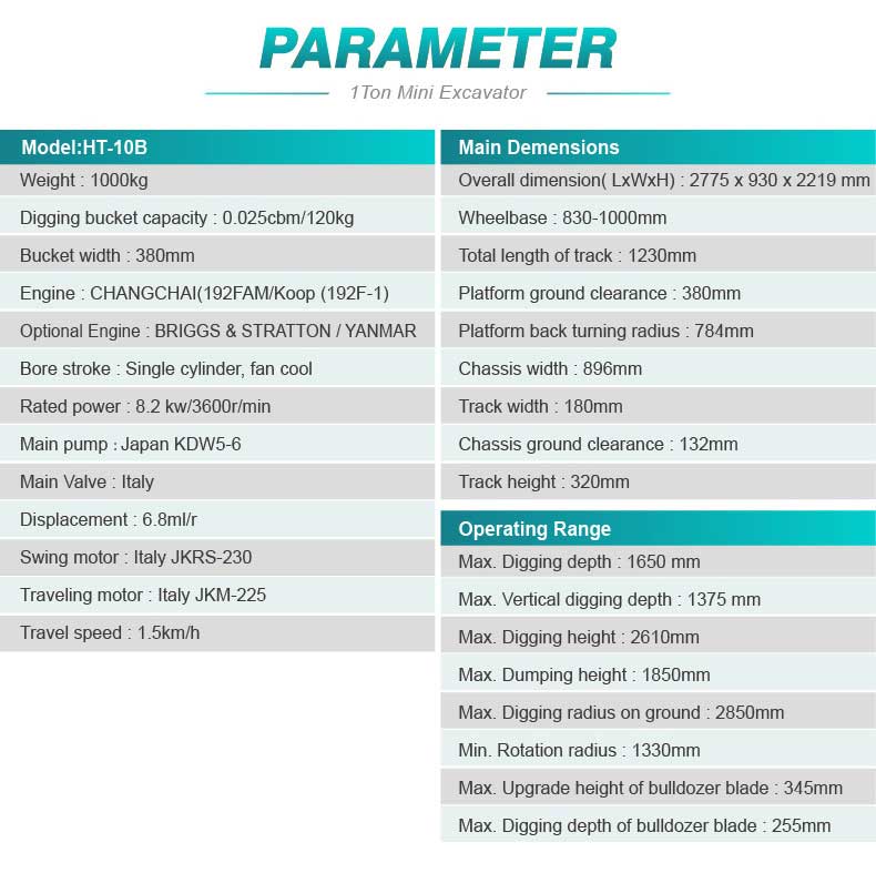 Mini-excavatrice sur chenilles 1T Mini-excavatrice sur chenilles 1T